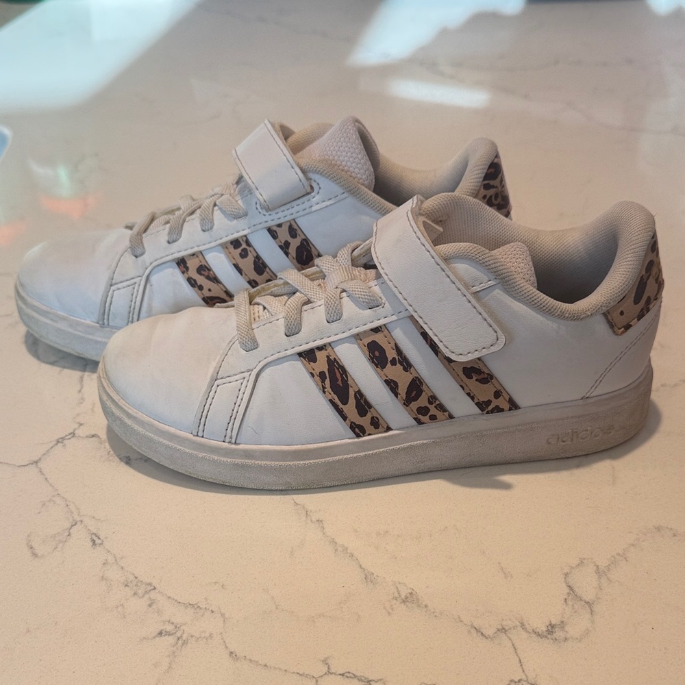 Adidas Kids White Sneakers with Leopard Accents